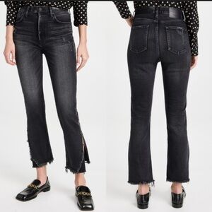 Moussy Alhambra Flare-High Jeans Black Cropped Frayed Split Hem Leg Jeans 27